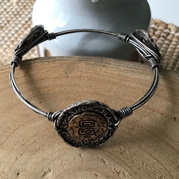 NEW Western Boho Wire Wrapped Bracelet 3-Faux Coin Rustic Mixed Metal Brutalist - Picture 4 of 12